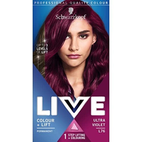 Schwarzkopf LIVE Colour + Lift, Long-Lasting Permanent Purple Hair Dye, Lightens Up To 3 Levels, Ultra Violet L76