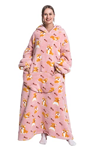 Extra Long Wearable Blanket Hoodie, Oversized Blanket Sweatshirt for Women and Men, Super Warm and Cozy Giant Hooded Blanket, Thick Flannel Blanket with Sleeves and Giant Pocket - Corgi