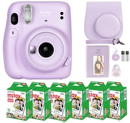Fujifilm Instax Mini 11 Camera with Fujifilm Instant Mini Film (60 Sheets) Bundle with Deals Number One Accessories Including Carrying Case, Selfie Lens, Photo Album, Stickers (Lilac Purple) - Lilac Purple