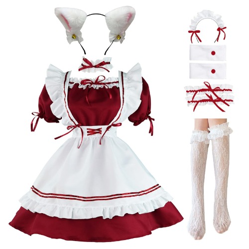 Maid Outfit Anime Cosplay Lolita Maid Dress French Maid Costume Plush cat ear Socks set