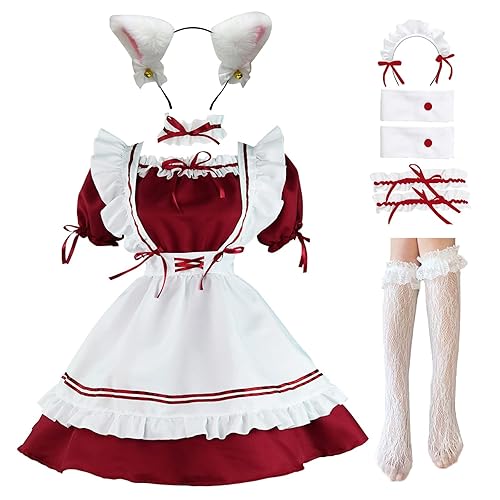 LISANEK Maid Outfit Anime Cosplay Lolita Maid Dress French Maid Costume Plush cat ear Socks set - XL - Red