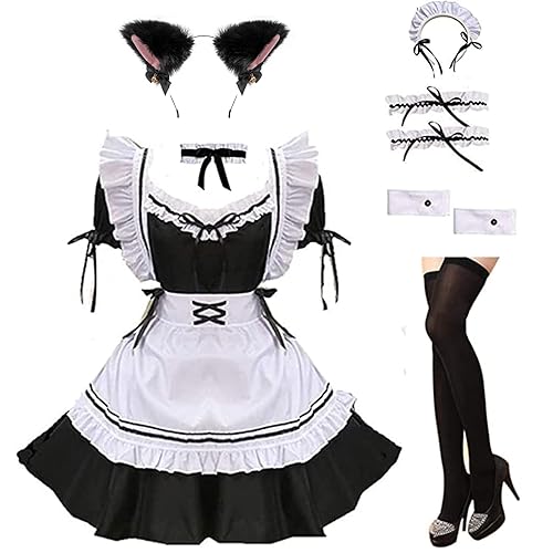 maxToonrain Maid Costume Set,Women Fancy Dress Anime Lolita French Valentines Day Maid Outfit with Gloves Socks for Womens Girls … - B-black - XL