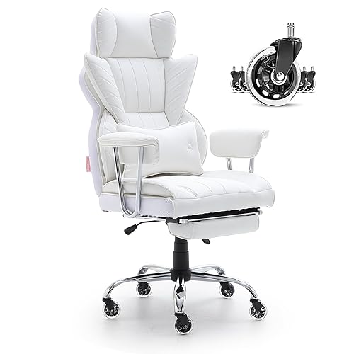 VEVOR Reclining Office Chair with Footrest, Heavy Duty PU Leather Wide Office Chair, Big and Tall Executive Office Chairs with Lumbar Support, Strong Metal Base Quiet Wheels, White - 350lbs with Footrest