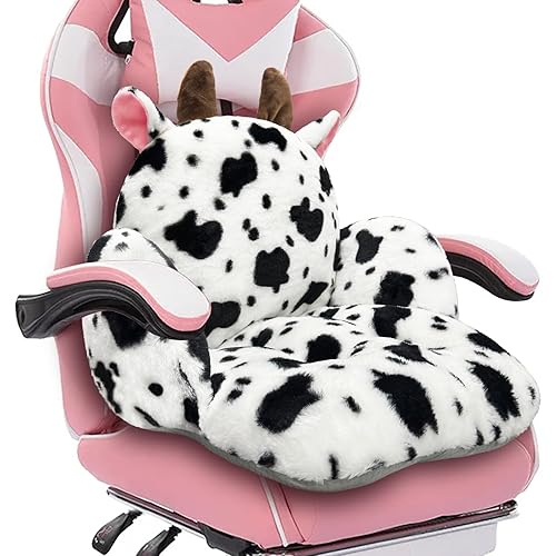QIUODO Cute Chair Cushion, Gaming Chair Cushion with Backrest Non-Slip, Comfy Seat Cushion for Office Desk, Kawaii Chair Cushions for Gamer, Soft Chair Cushion for Room Bedroom Decor（Fancy Cow） - Fancy Cow