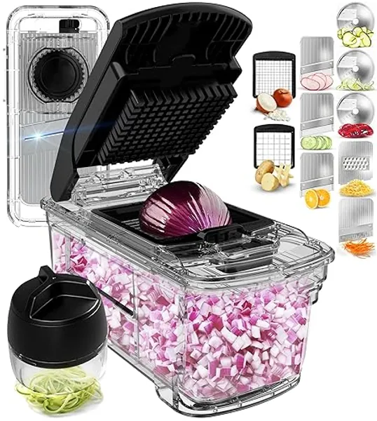 Fullstar All-in-1 Vegetable Chopper, Mandoline Slicer & Cheese Grater - French Fry Cutter & Veggie Dicer - Cheese Slicer - Includes Bonus Handheld Spiralizer (6 in 1, Clear)