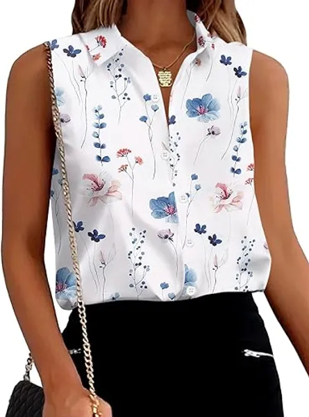 Zeagoo Women's Sleeveless Button Down Shirts Blouses Solid Casual Loose V Neck Tank Tops for Work S-XXL