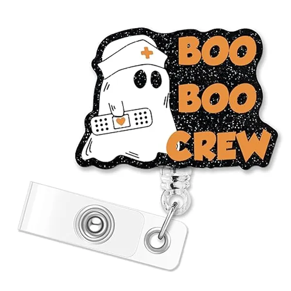 ERHACHAIJIA Boo Boo Crew Funny Halloween Ghost Retractable Badge Reel Gift for Nurses Doctors RN EN Paramedic Medical Office (Black)