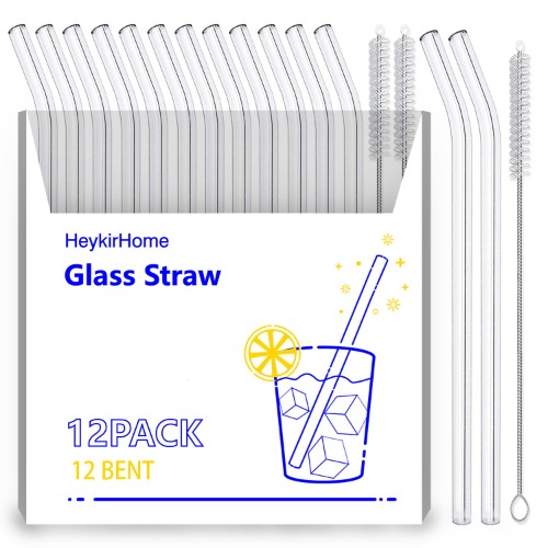 HeykirHome 12-Pack Reusable Glass Straws,Size 8''x10 MM,Including12 Bent with 2 Cleaning Brush- Perfect For Smoothies, Tea, Juice - 12 Bent,2 Bruhes