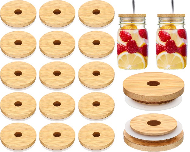 Bamboo Jar Lids with Straw Hole Reusable Bamboo Jar Lids Leak Proof Glass Canning Drinking Storage Jars Canning Lids with Silicone Ring for Regular Mouth Mason Canning Jar(20 Pieces) - 20