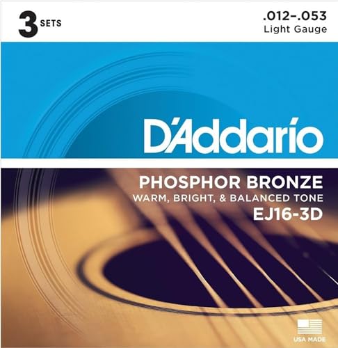 D'Addario Guitar Strings - Phosphor Bronze Acoustic Guitar Strings - EJ26-3D - Rich, Full Tonal Spectrum - For 6 String Guitars - 11-52 Custom Light, 3-Pack - Light, 12-53 5-Pack