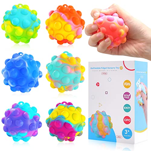 Pop Fidget Toy Popper Ball It 6 PCS, 3D Squeeze Pop Ball It Fidget Toys Food Grade Silicone Sensory Toys Stress Balls for Kids Adults Elderly Over 3 Months - 6 Pack Tie-dye Pop Ball