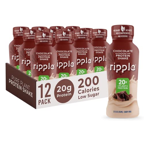 Ripple Vegan Protein Shake | Chocolate | 20g Nutritious Plant Based Pea Protein | Shelf Stable | No GMOs, Soy, Nut, Gluten, Lactose | 12 Oz, 12 Pack - Chocolate - 12 Fl Oz (Pack of 12)