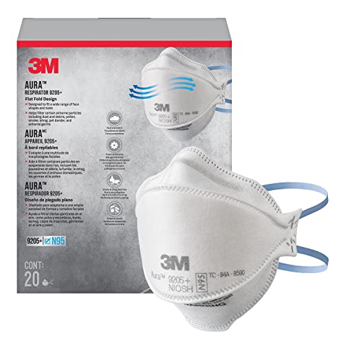 3M 9205+ Aura Particulate N95 Respirator, Flat Fold Non-Valved Disposable Respirator, White, 20 Pack