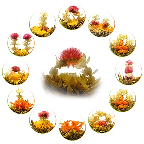 Teavivre® 12pcs Handmade Blooming Flower Tea - 12 Unique Varieties of Individually Sealed Tea Ball - Assorted Flowering Green Tea Ball - Natural Flowers Hand-tied with Green Tea - Bag - 12 Count (Pack of 1)