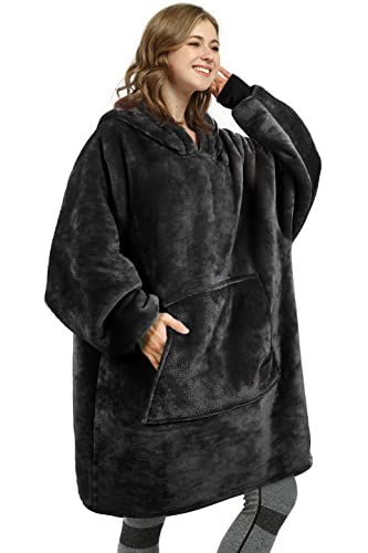 Catalonia Oversized Blanket Hoodie Sweatshirt, Wearable Sherpa Lounging Pullover for Adults Women Men - One Size - Black