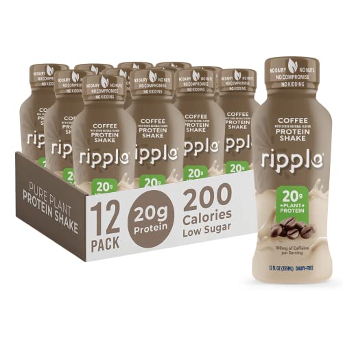 Ripple Vegan Protein Shake | Coffee Flavor | 100mg of Caffeine | 20g Nutritious Plant Based Pea Protein | Shelf Stable | Free of GMOs, Soy, Nut, Gluten, Lactose | 12 oz, Pack of 12 - Coffee - 12 Fl Oz (Pack of 12)