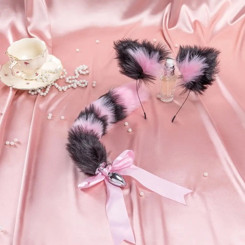 Luxurious Fox Tail Play Set with Handmade Cat Ears and Tail Plug - Black/Pink Striped