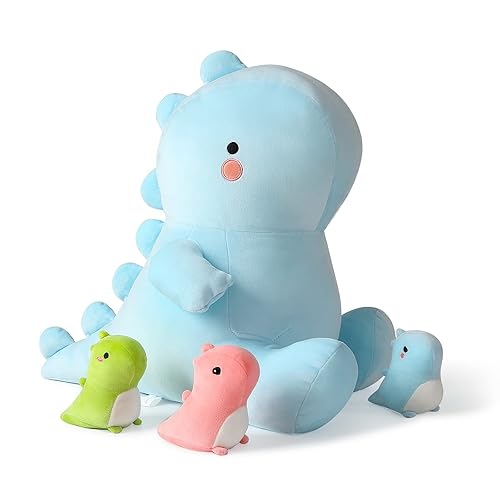 Onsoyours Dinosaur Stuffed Animal Mommy with 3 Dino in her Tummy, 4 Piece of Cute Dinosaur Plush Pillow Toys for Kids Girls Boys (Blue Dinosaur Family) - Blue,green,pink