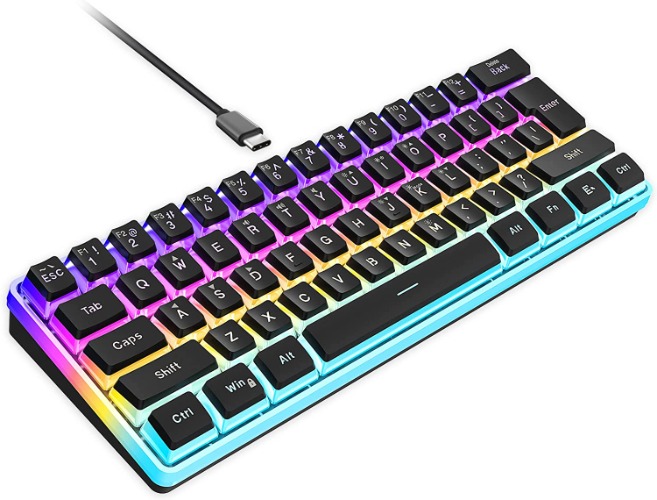 Snpurdiri 60% Wired Gaming Keyboard, Pudding Keycaps with Translucent Layer,RGB Ultra-Compact Mini Keyboard, Waterproof Small 61 Keys Keyboard for Office/Gaming(Black) - Black(detachable cable)
