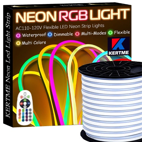 KERTME Neon Led Type AC 110-120V LED NEON Light Strip, Flexible/Waterproof/Dimmable/Multi-Colors/Multi-Modes LED Rope Light + 24 Keys Remote for Home/Garden/Building Decoration (131.2ft/40m, RGB) - 131.2 ft RGB Multi Colors