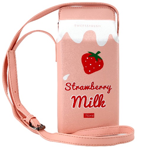 QiMing Strawberry Milk Box Crossbody Purse Bag,PU Phone Shoulder Wallet for Women Girl - CaoM1