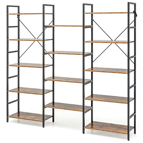 CASART Triple Wide 5-Tier Bookshelves, Industrial Bookcase Ladder Bookshelf with 14 Open Shelves & Metal Frame, Anti-Toppling Book Shelf for Living Room Study Bedroom Office