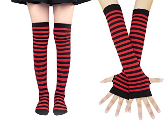 Bienvenu Womens Socks Striped Knee High Socks Arm Warmer Fingerless Gloves Set - Red