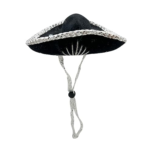 Yajua Authentic Made in Mexico Mariachi Black Hat with Silver Stitching Mexican Mini Sombrero 6 inches for Mexican Fiesta Themed Party or Small Dog/Cat Costume