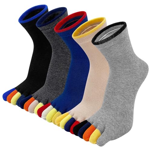 Hellomamma Toe Socks Mens Five Finger Striped Sock Running Athletic Cotton Ankle Sox 5 Pairs - 10-13 - Multicoloured 10