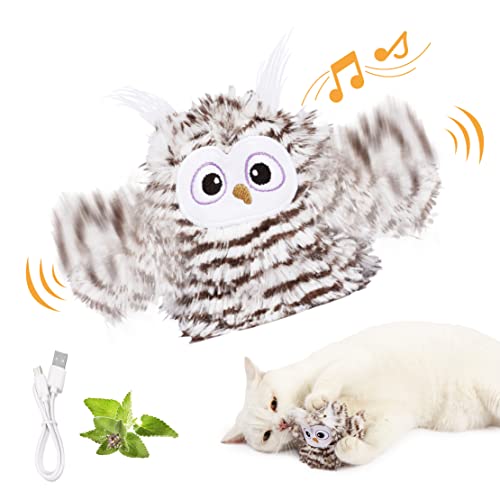 Kimee Interactive Cat Toy Rechargeable Automatic Chirping Owl Cat Toy with Catnip, Auto Beating Wings Flying Bird Cat Toys for Indoor Cats to Play Alone, Never Boredom - Owl