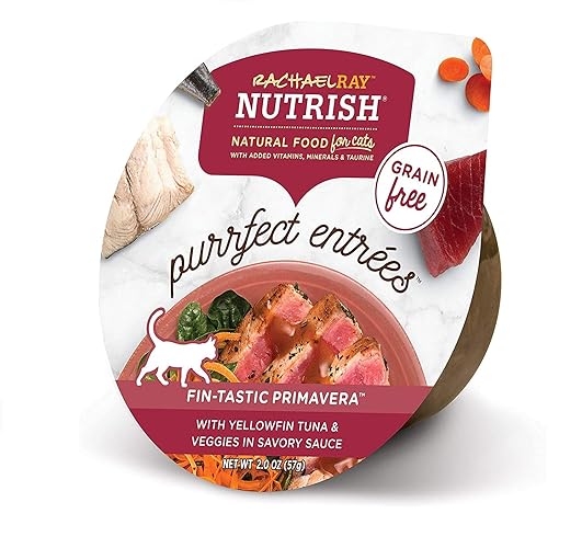 Rachael Ray Nutrish Purrfect Entrees Natural Wet Cat Food, Yellowfin Tuna & Veggies Recipe, 2 Ounce Cup (Pack of 24), Grain Free (10071190001785) - Fin-Tastic Primavera - 0.17 Ounce (Pack of 12)