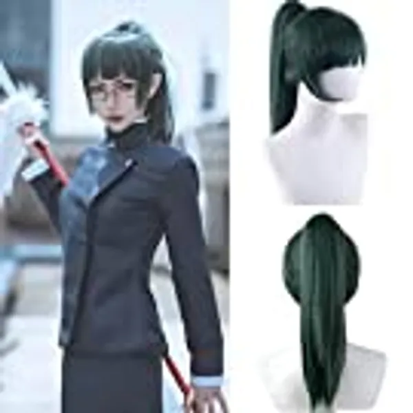 IMEYLE Wig Green Wig With Bangs Peluca Verde Long Ponytail Wig Anime Cosplay Wig for Women Girls Synthetic Wig for Halloween Party Costume + Wig Cap