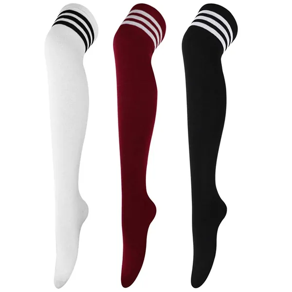 DRESHOW 3 Pairs High Thigh Socks Striped Over Knee Thin Tights Long Stocking Knee High Leg Warmer - 3 Pairs A: Wine Red/Black/White