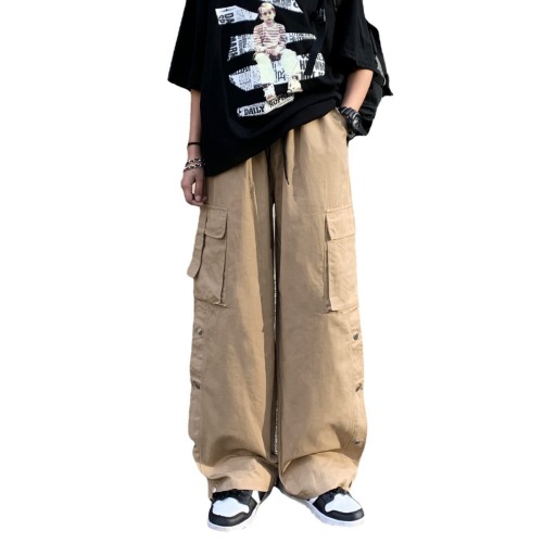 Linsennia Gothic Cargo Pants with Pockets for Men Women Girls Side Slit Baggy Streetwear Y2K Pants - Khaki X-Large