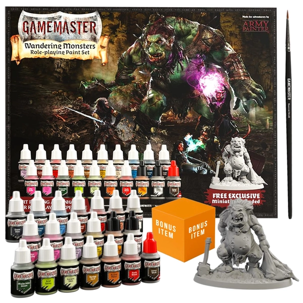 The Army Painter- DnD Paint Set Gamemaster Wandering Monsters Miniature Painting Kit with Bonus Item - 20 Warpaint 20x12ml with Mixing Balls, Snap-Fit Miniature, Basecoat Paint Brush & Painting Guide