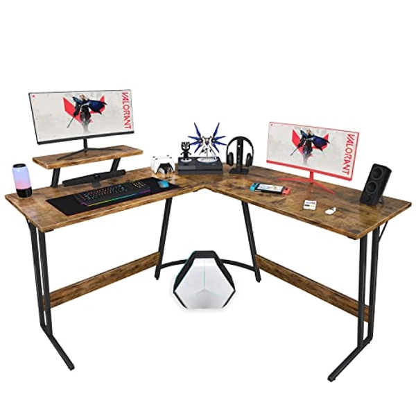 Homall L Shaped Gaming Desk Computer Corner Desk PC Gaming Desk Table with Large Monitor Riser Stand for Home Office Sturdy Writing Workstation (Classical Brown, 51 Inch)