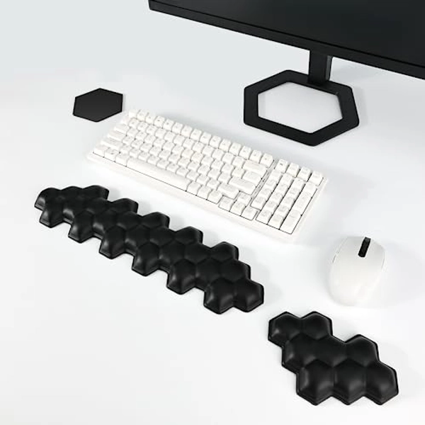Keyboard Wrist Rest Pad, Leather Ergonomic Keyboard Pad, 3 in 1 Gel Wrist Support Hand, Pu Memory Foam with Non-Slip Base, Carpal Tunnel Pain Relief for Home,Office,Gaming,Laptop,Mac - Black EYROZILL