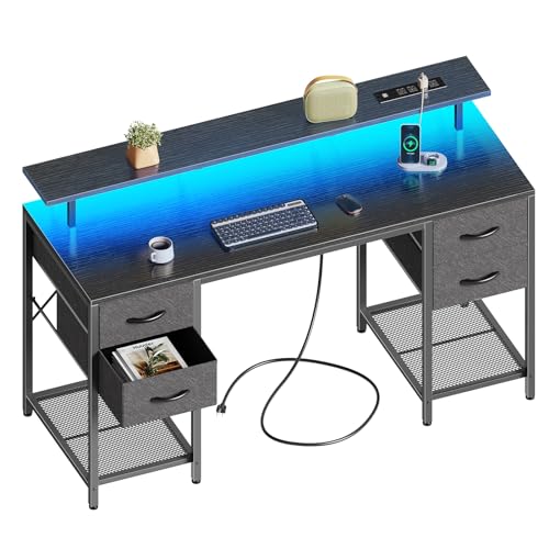 Huuger 55 inch Computer Desk with 4 Drawers, Gaming Desk with LED Lights & Power Outlets, Home Office Desk with Large Storage Space for Bedroom, Work from Home, Black - Black - 55 inch