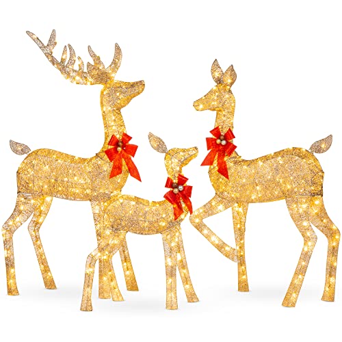 Best Choice Products 3-Piece Large Lighted Christmas Deer Family Set 5Ft Outdoor Yard Decoration with 360 LED Lights, Stakes, Zip Ties - Gold - Gold- 3 Piece
