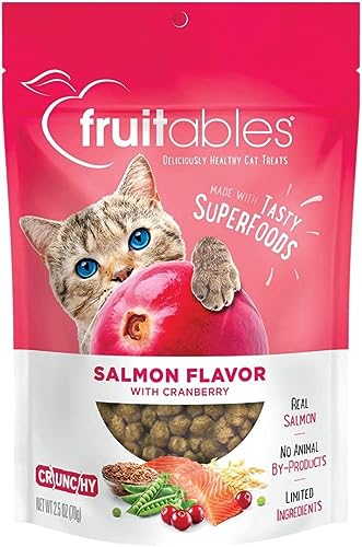 Fruitables Cat Crunchy Treats For Cats – Healthy Low Calorie Packed with Protein – Free of Wheat, Corn and Soy – Made with Real Salmon with Cranberry – 2.5 Ounces - 2.5 Ounce (Pack of 1) - Salmon & Cranberry