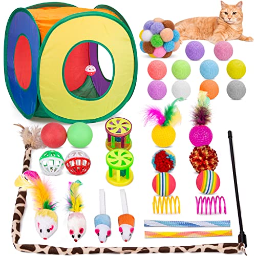 Retro Shaw Cat Toys Set, Interactive Cat Kitten Toys for Indoor Cats Kitty with Collapsible Cat Play Tunnel Tube Tent Cat Feather Wand Teaser Cat Bell Fuzzy Ball Springs Mouse Toys - For cats less than 12lbs