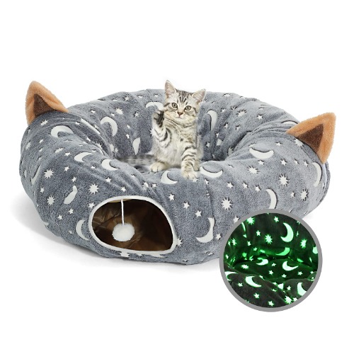 LUCKITTY Cat Tunnel Tube with Plush Ball Toys Collapsible Self-Luminous Photoluminescence, for Small Pets Bunny Rabbits, Kittens, Ferrets,Puppy and Dogs Grey Moon Star - 3FT