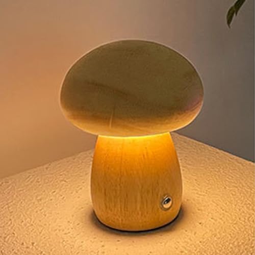 Azazaza Mushroom Night Light, 3 Colors USB Dimmable Bedside Lamp Touch Lamps, Vintage Wooden Table Lamp Mushroom Light Decor for Bedroom (Wood, S) - Wood, S