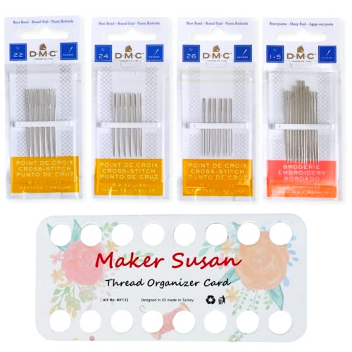 DMC Size 22-24-26 (3 Pack) Cross Stitch Needles Kit, Large Eye Blunt End Needles, DMC Size 1-5 Embroidery Needles with Maker Susan Thread Holder Organizer Card (Total 30 Needles, 1 Organizer Card)