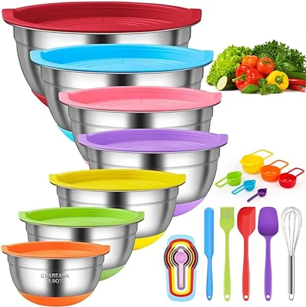 CHAREADA Mixing Bowls with Airtight Lids, 18pcs Stainless Steel Nesting Colorful Mixing Bowls Set Non-slip Silicone Bottom, Size 7, 5.5, 4, 3.5, 2.5, 2, 1.5 qt, Fit for Mixing & Serving - Stainless Steel Sliver