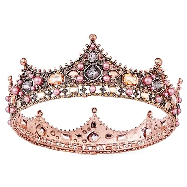 Crowns for Women, Vofler Rose Gold Birthday Princess Queen Tiara Cake Topper Baroque Hair Decor for Girls Bridal Quinceanera Wedding Pageant Halloween Costume Party w/Crystal Rhinestone Pink Pearls