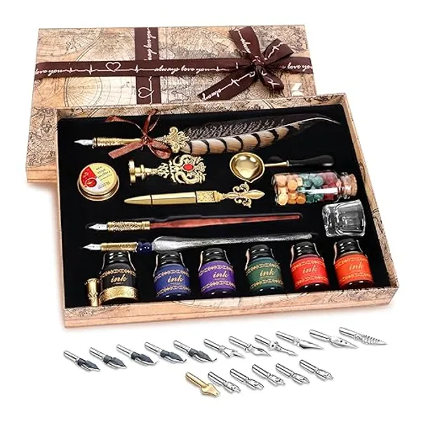NC Quill Pen Ink Set,includes quill pen,wooden And glass dip pen,6 bottles ink,8 letter paper,1 envelope,17 Replaceable Nibs,1 bottle of fire lacquer wax,spoon,Seal Stamp,candle,pen holder, Cup.