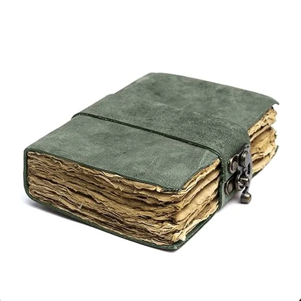 NomadCraftsCo. Vintage Leather Journal - Lock Closure, Book of Shadows Journal, Grimoire Journal, Witch Journal, Vintage Journal 240 pages Antique Deckle Edge Paper - 9" x 6" - Green