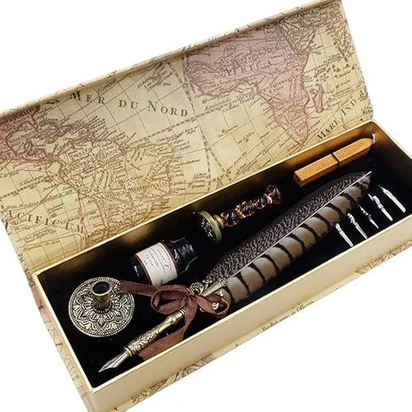 GC QUILL Antique Quill Pen Unique Half-Patterned Feather Pen Set with 6 Nibs 1 Bottle of Ink 1 Seal Stamp 1 Pen Holder 1 Sealing Wax LL-149