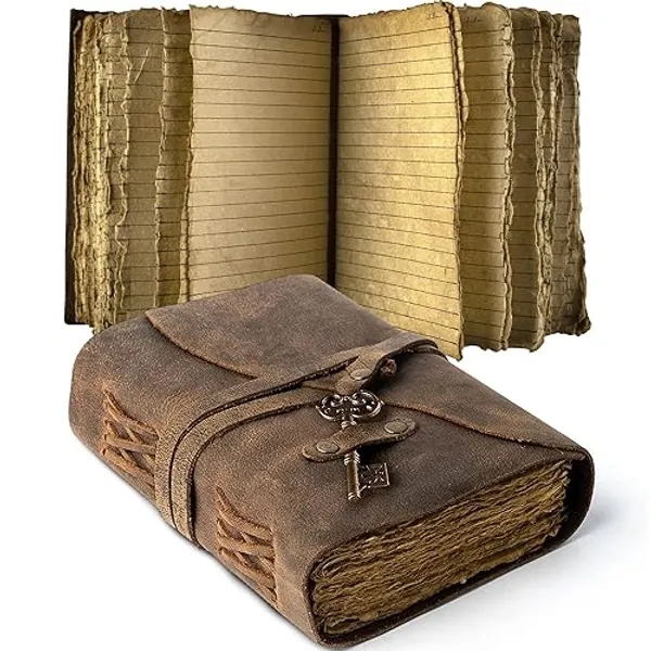 Vintage Leather Journal Lined Pages with Key - Antique Handmade Deckle Edge Vintage Paper Leather Bound Journal - Book of Shadows Journal - Leather Sketchbook - Drawing Journal - Great Gift - 7" x 5" - Vintage Brown